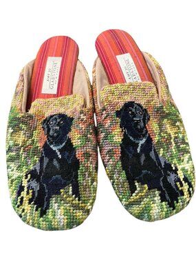 Amy Jo Gladstone Ladies Large Needlepoint Black Labrador Retriever Lab Mules